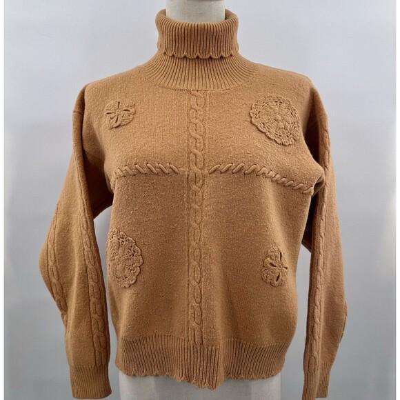 VTG Lambs Wool Turtleneck Sweater M 40 Pullover Cable Knit Crochet Rosette Brown - Picture 2 of 8